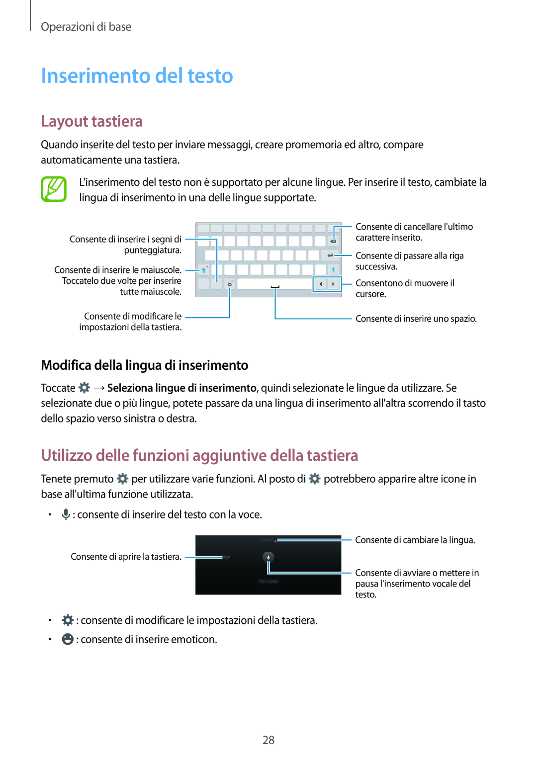 Samsung SM-T561NZWAITV manual Inserimento del testo, Layout tastiera, Utilizzo delle funzioni aggiuntive della tastiera 