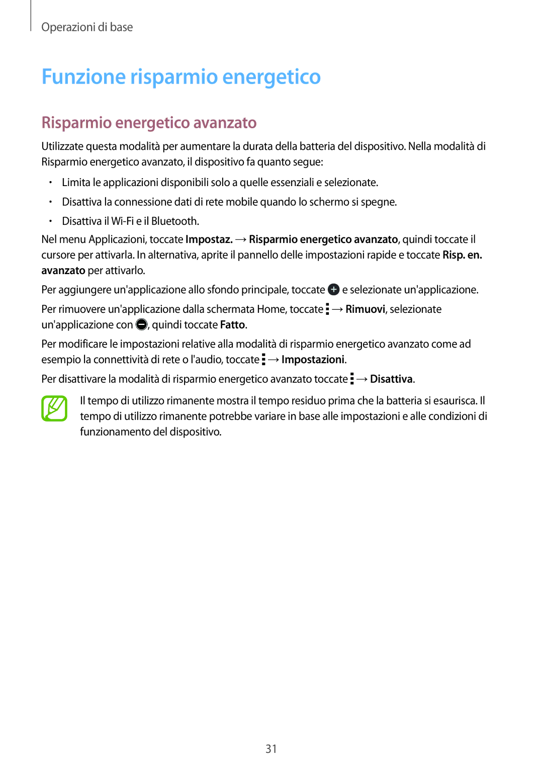 Samsung SM-T561NZWAITV manual Funzione risparmio energetico, Risparmio energetico avanzato 