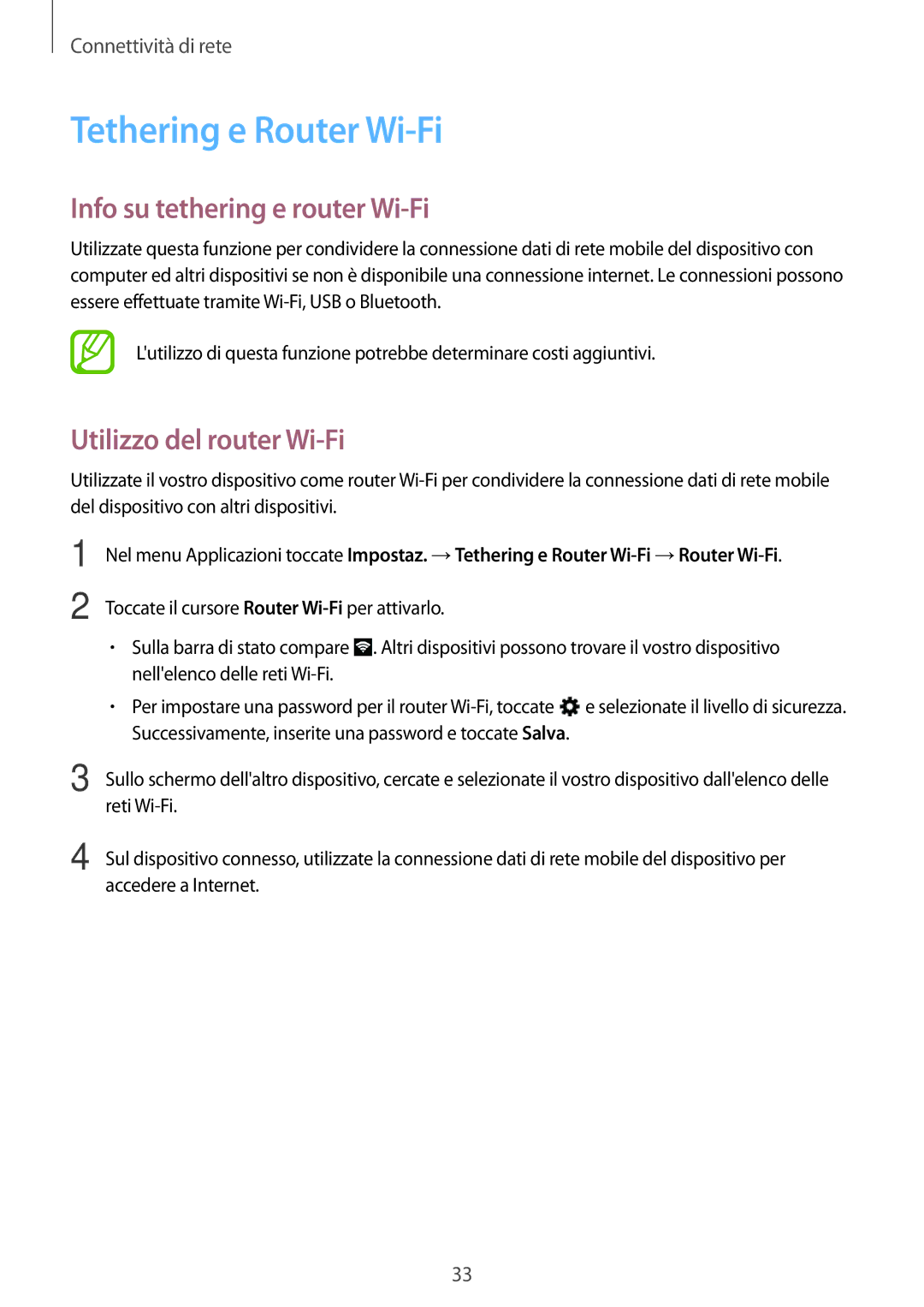 Samsung SM-T561NZWAITV manual Tethering e Router Wi-Fi, Info su tethering e router Wi-Fi, Utilizzo del router Wi-Fi 