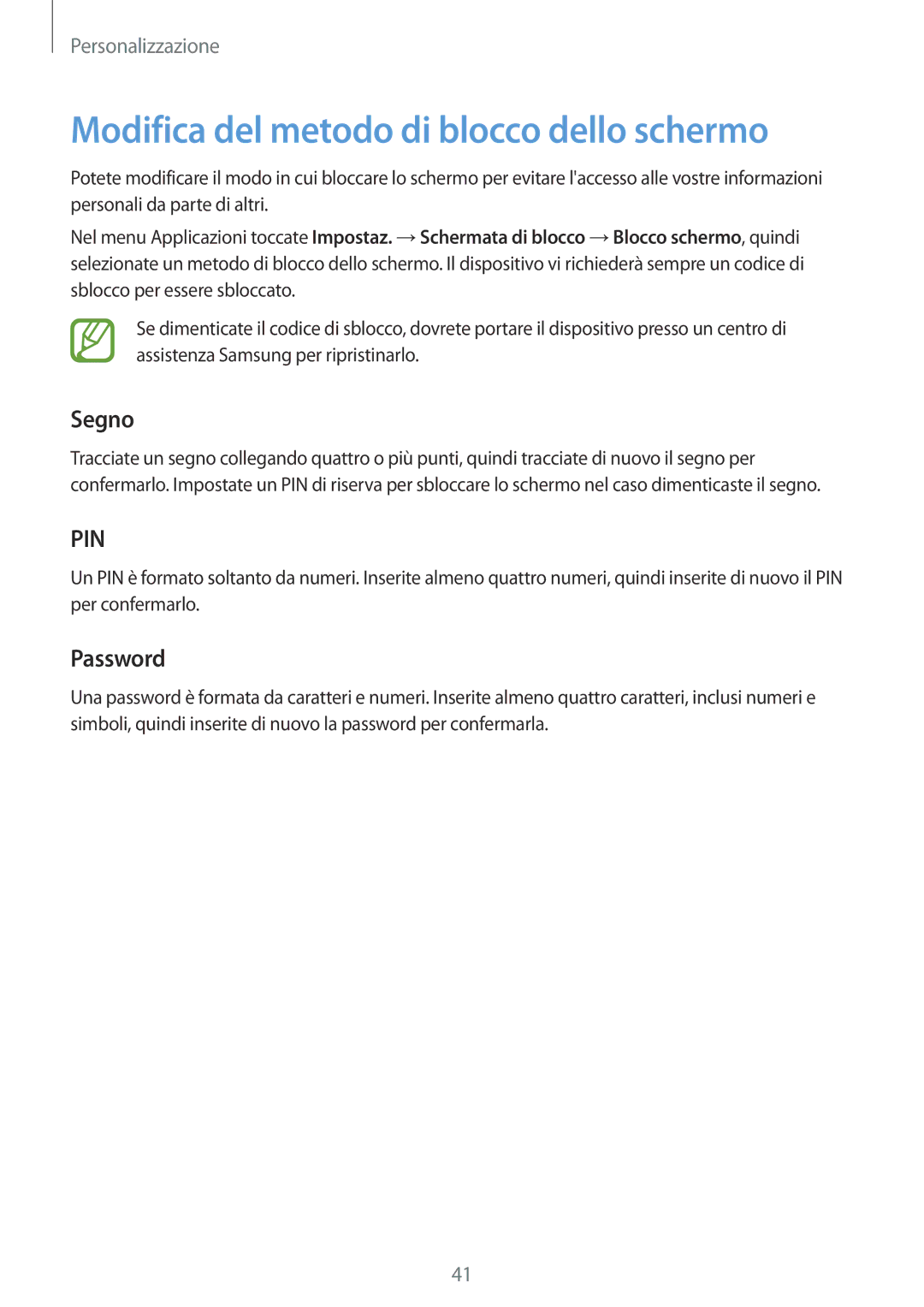 Samsung SM-T561NZWAITV manual Modifica del metodo di blocco dello schermo, Segno, Password 