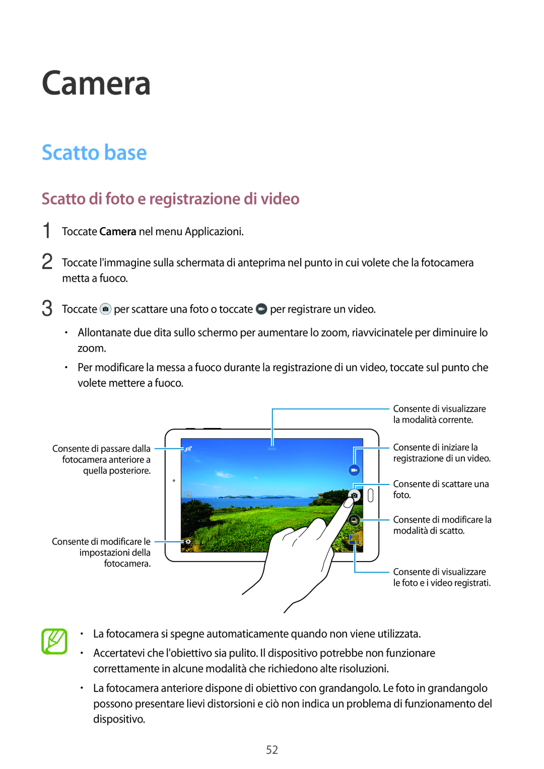 Samsung SM-T561NZWAITV manual Camera, Scatto base, Scatto di foto e registrazione di video 