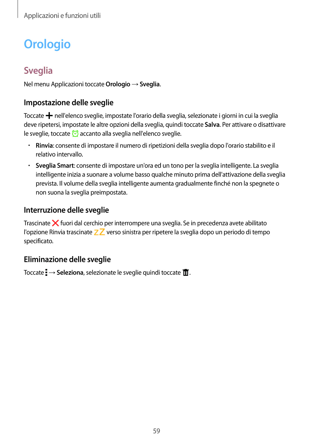 Samsung SM-T561NZWAITV manual Orologio, Sveglia, Impostazione delle sveglie, Interruzione delle sveglie 