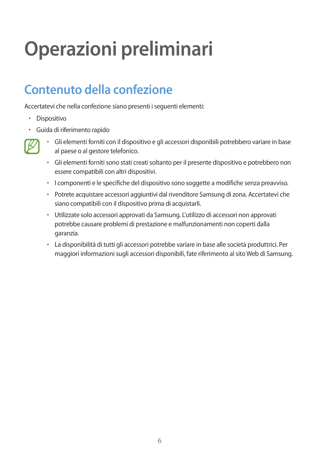 Samsung SM-T561NZWAITV manual Operazioni preliminari, Contenuto della confezione 