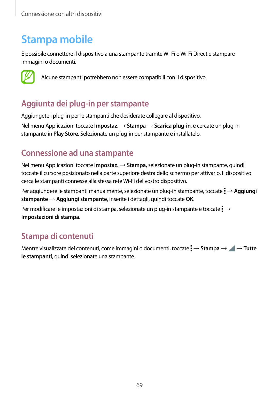 Samsung SM-T561NZWAITV manual Stampa mobile, Aggiunta dei plug-in per stampante, Connessione ad una stampante 