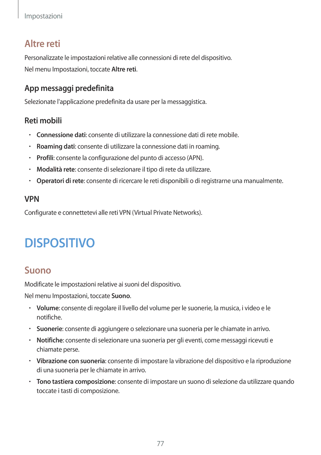 Samsung SM-T561NZWAITV manual Altre reti, Suono, App messaggi predefinita, Reti mobili 