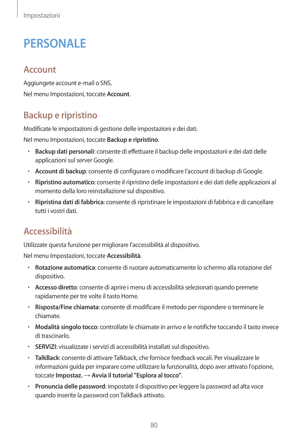 Samsung SM-T561NZWAITV manual Account, Backup e ripristino, Accessibilità 