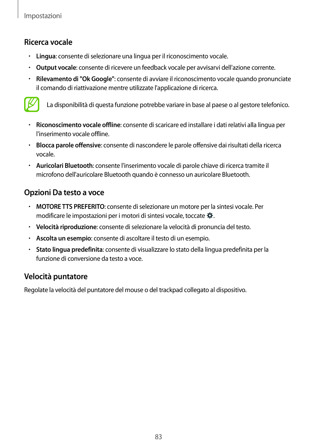 Samsung SM-T561NZWAITV manual Ricerca vocale, Opzioni Da testo a voce, Velocità puntatore 