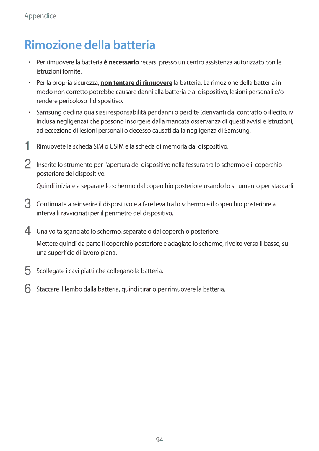 Samsung SM-T561NZWAITV manual Rimozione della batteria 