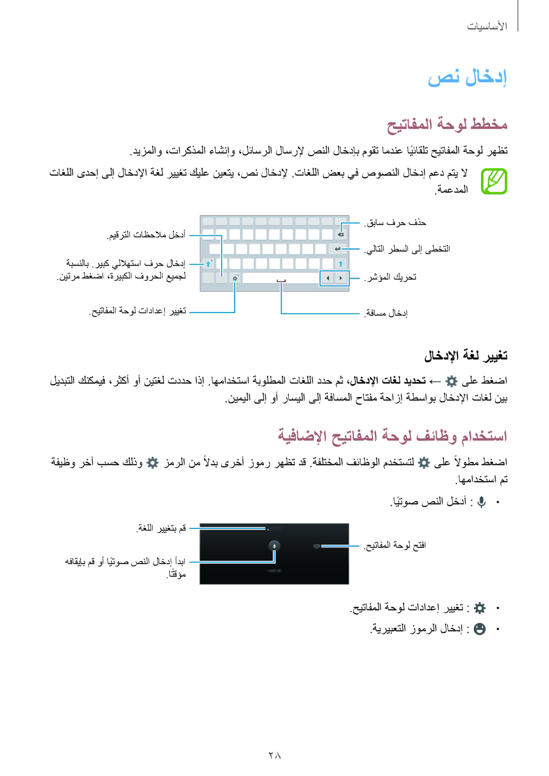 Samsung SM-T561NZNAKSA manual صن لاخدإ, حيتافملا ةحول ططخم, ةيفاضلإا حيتافملا ةحول فئاظو مادختسا, لاخدلإا ةغل رييغت 