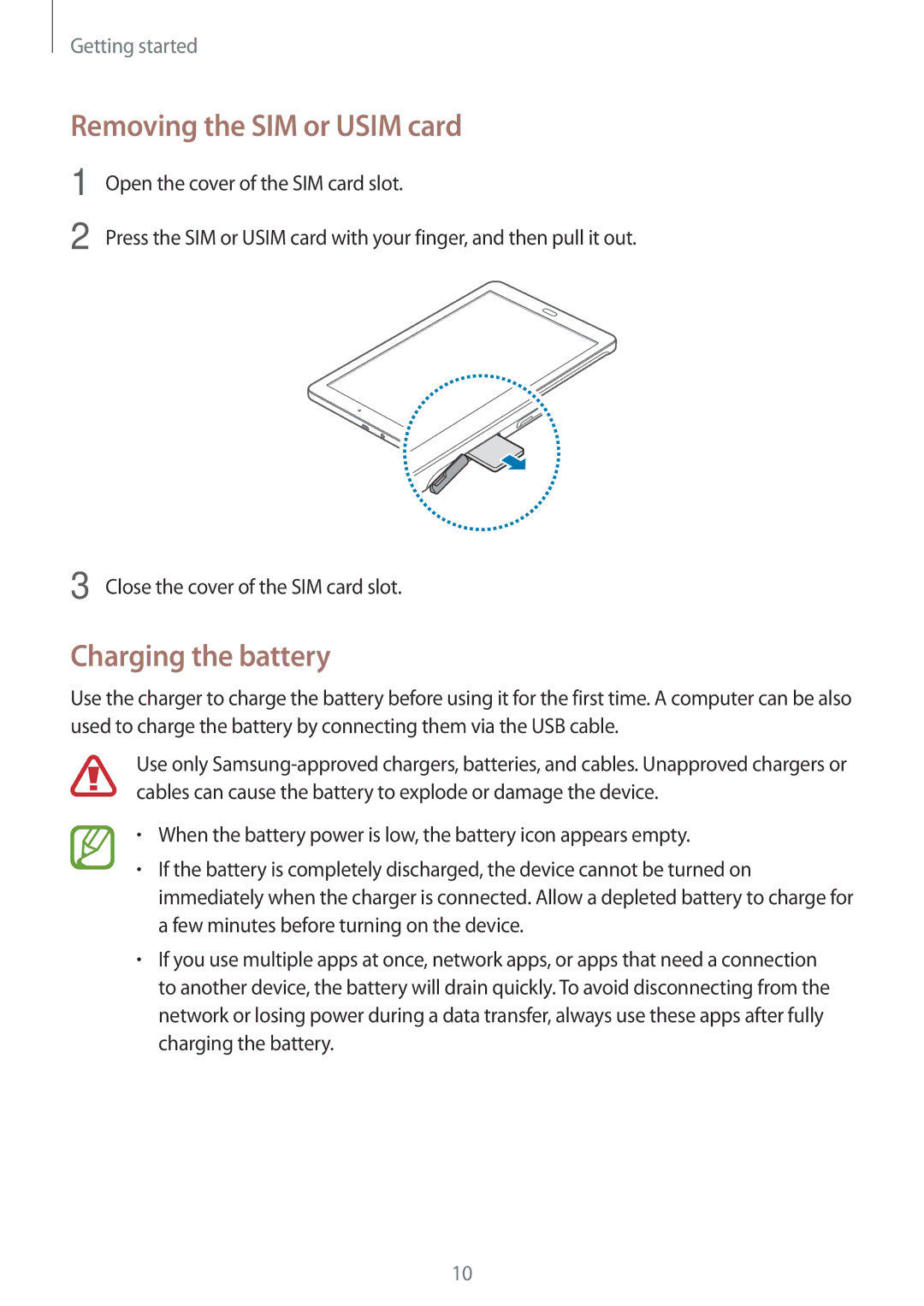 Samsung SM-T561YZWAXXV, SM-T561YZKAXXV manual Removing the SIM or Usim card, Charging the battery 