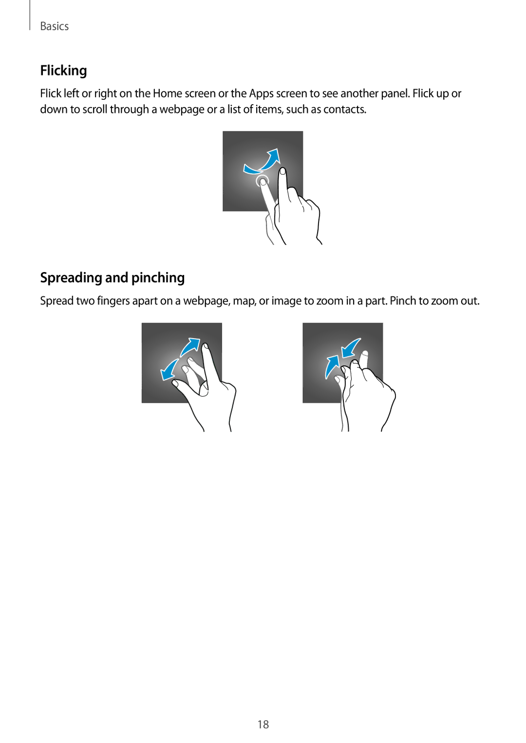 Samsung SM-T561YZWAXXV, SM-T561YZKAXXV manual Flicking, Spreading and pinching 