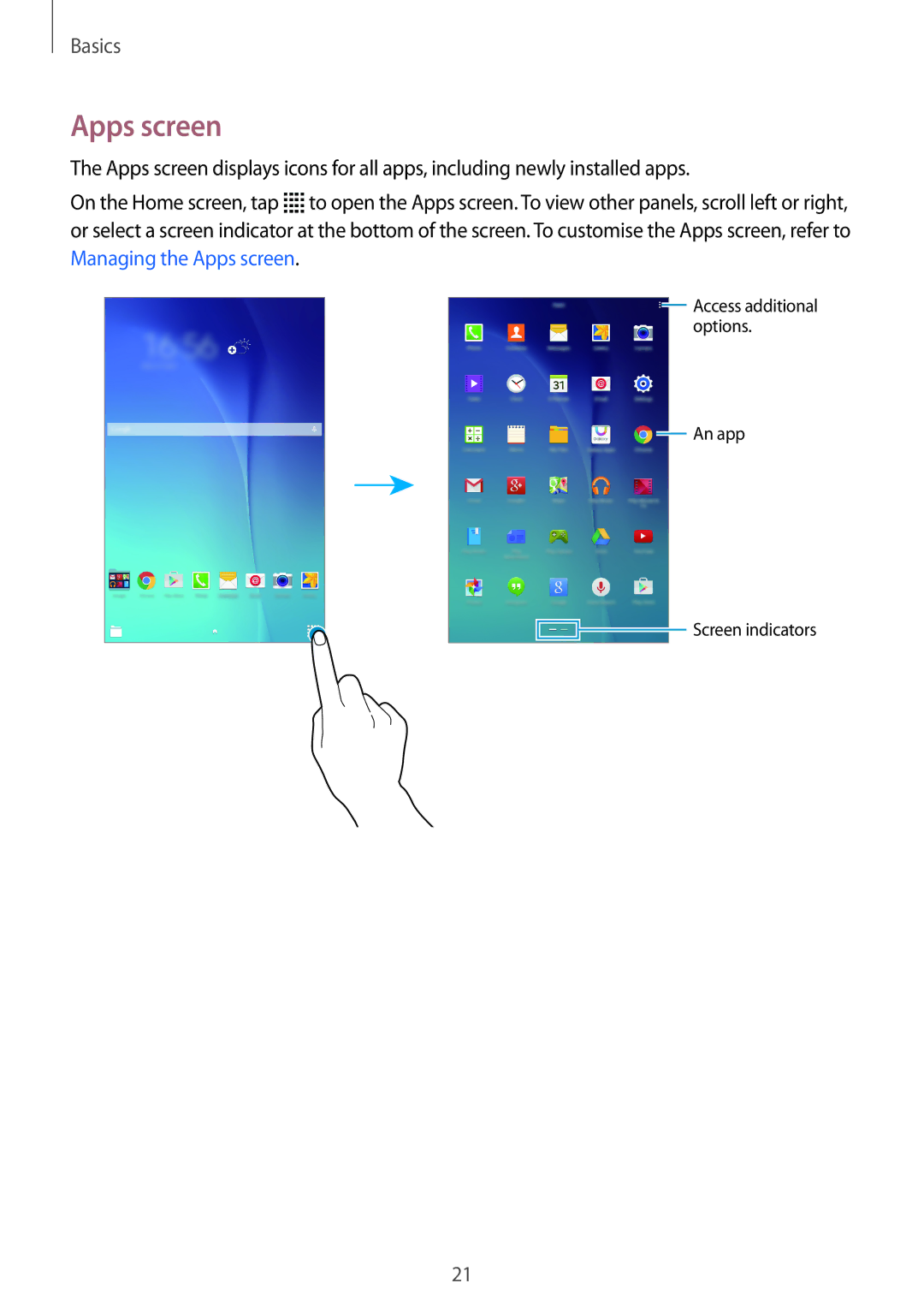 Samsung SM-T561YZKAXXV, SM-T561YZWAXXV manual Apps screen 