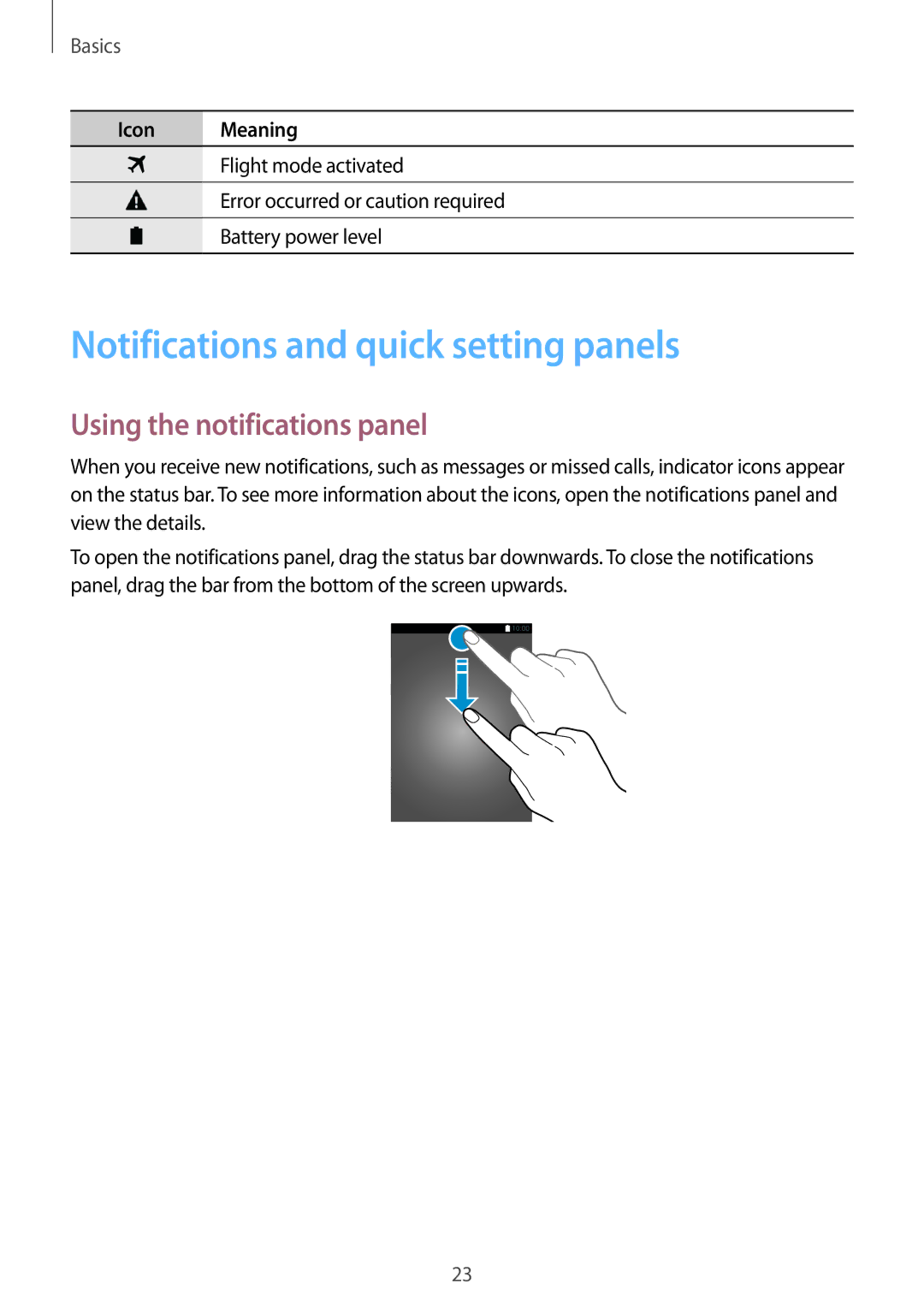 Samsung SM-T561YZKAXXV, SM-T561YZWAXXV manual Notifications and quick setting panels, Using the notifications panel 