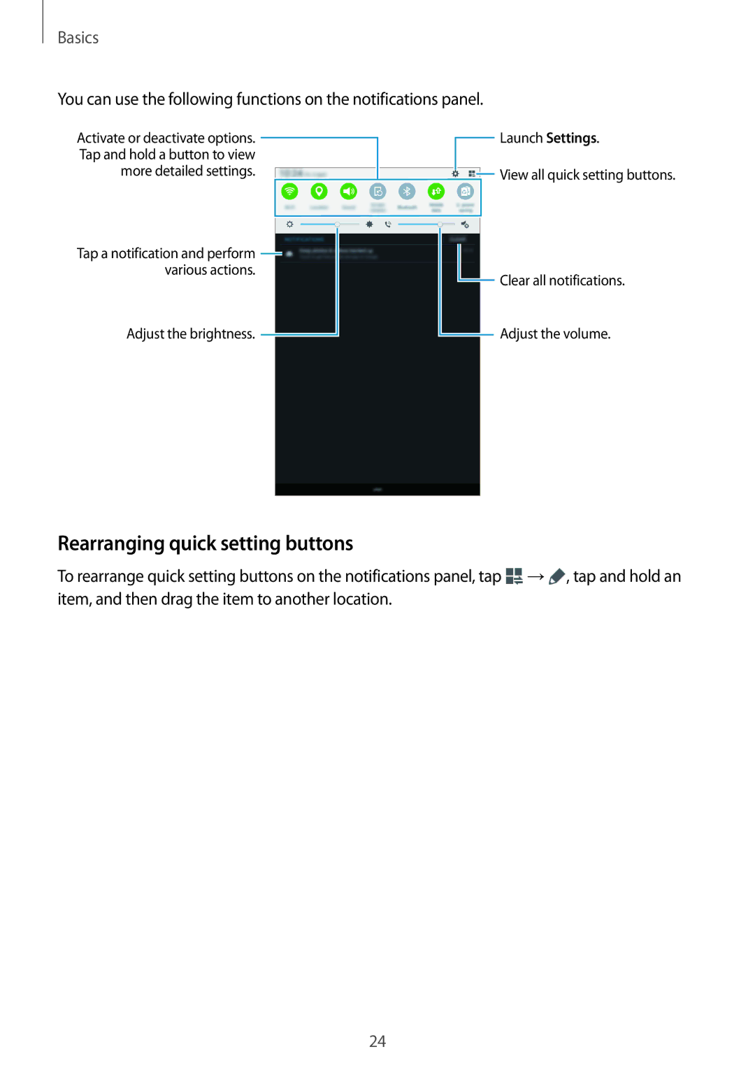 Samsung SM-T561YZWAXXV, SM-T561YZKAXXV manual Rearranging quick setting buttons 