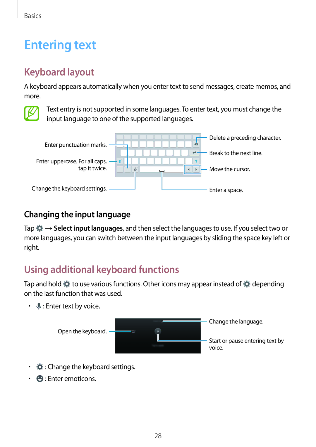 Samsung SM-T561YZWAXXV Entering text, Keyboard layout, Using additional keyboard functions, Changing the input language 