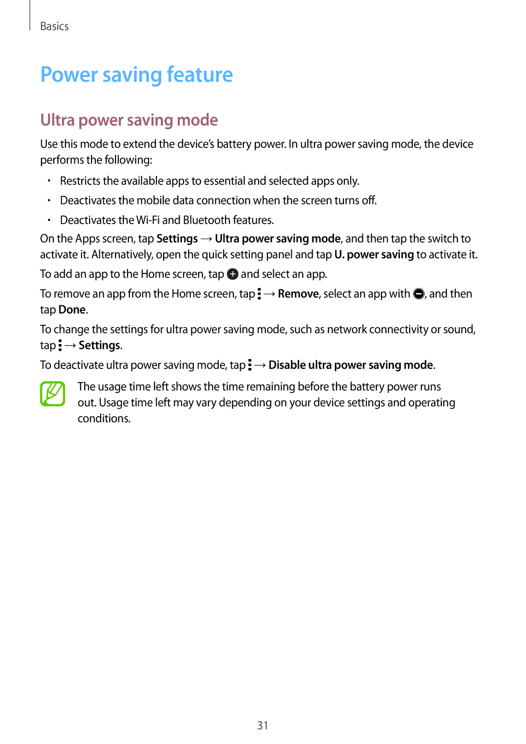 Samsung SM-T561YZKAXXV, SM-T561YZWAXXV manual Power saving feature, Ultra power saving mode 