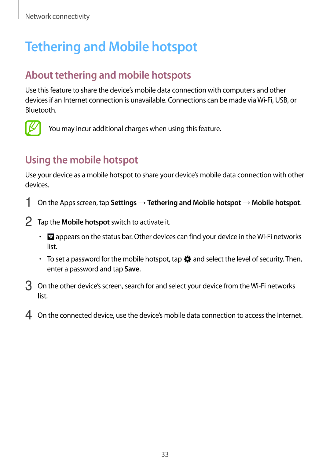 Samsung SM-T561YZKAXXV manual Tethering and Mobile hotspot, About tethering and mobile hotspots, Using the mobile hotspot 