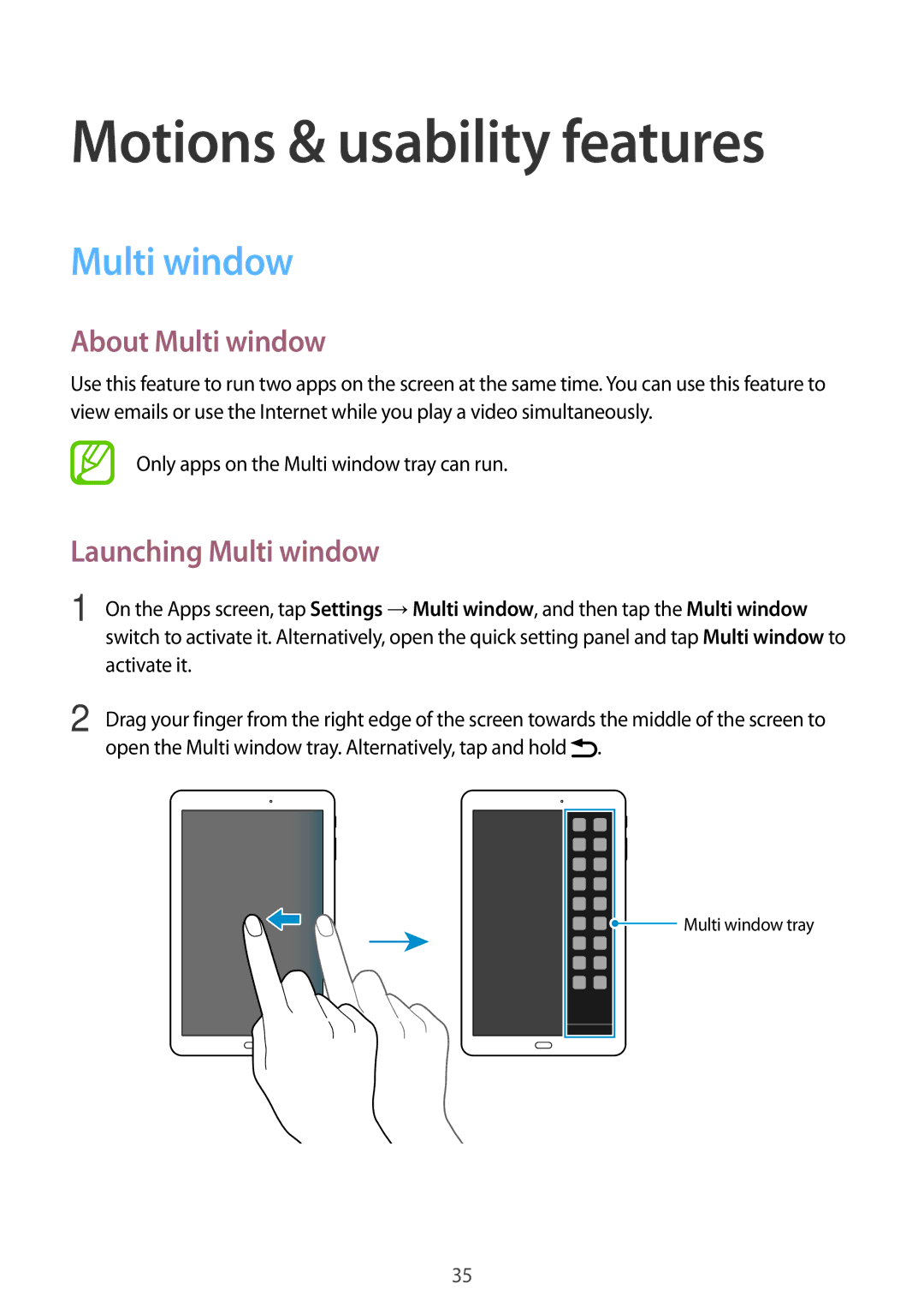 Samsung SM-T561YZKAXXV, SM-T561YZWAXXV manual Motions & usability features, About Multi window, Launching Multi window 