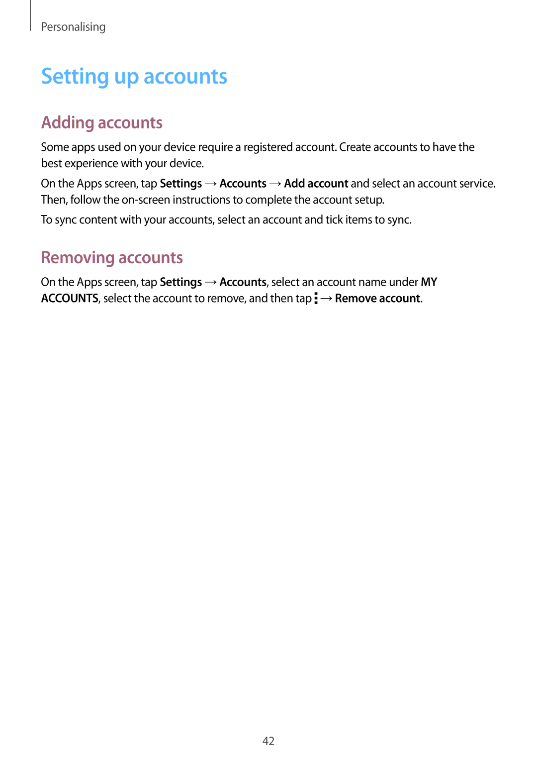 Samsung SM-T561YZWAXXV, SM-T561YZKAXXV manual Setting up accounts, Adding accounts, Removing accounts 