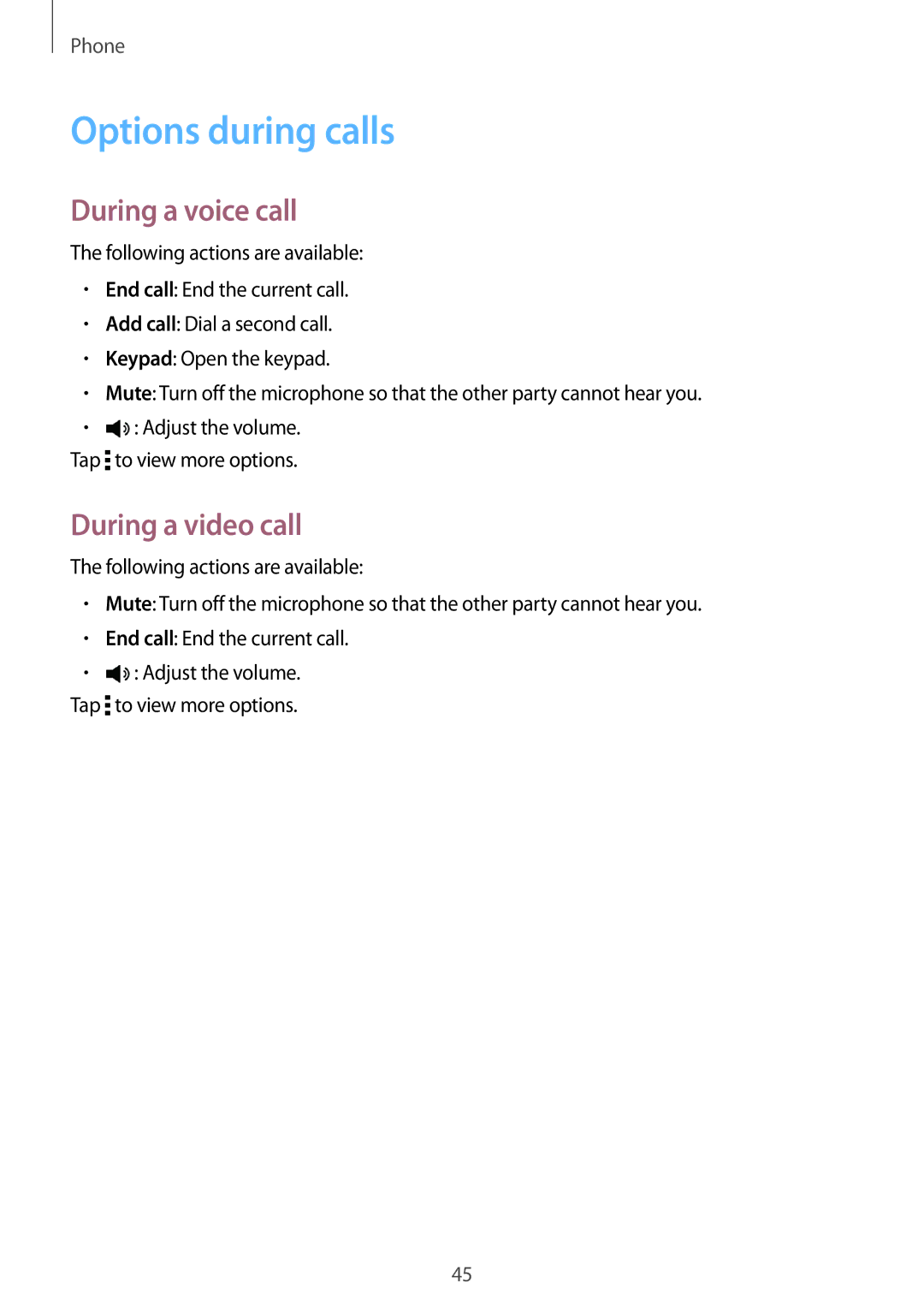 Samsung SM-T561YZKAXXV, SM-T561YZWAXXV manual Options during calls, During a voice call, During a video call 