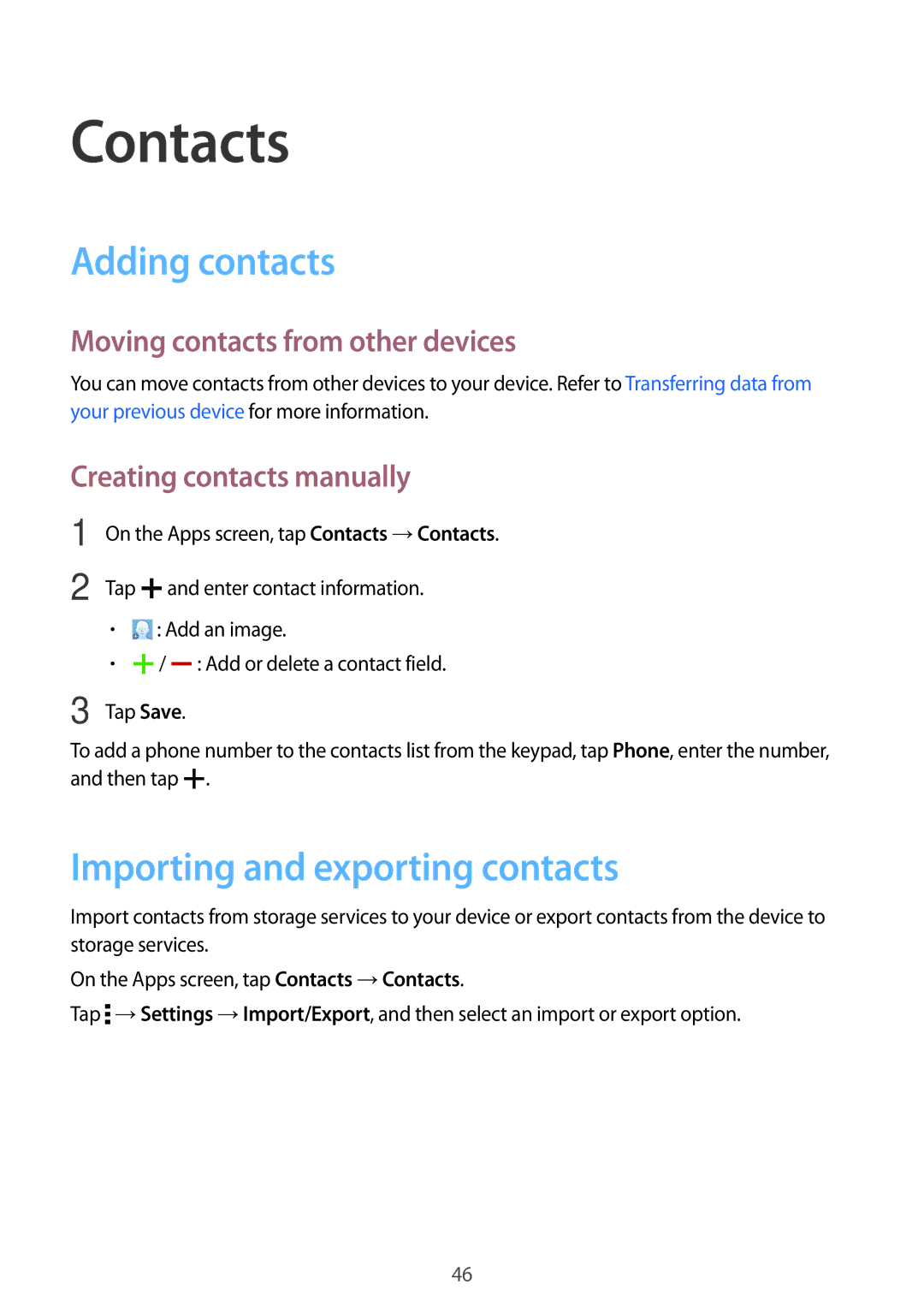 Samsung SM-T561YZWAXXV Contacts, Adding contacts, Importing and exporting contacts, Moving contacts from other devices 