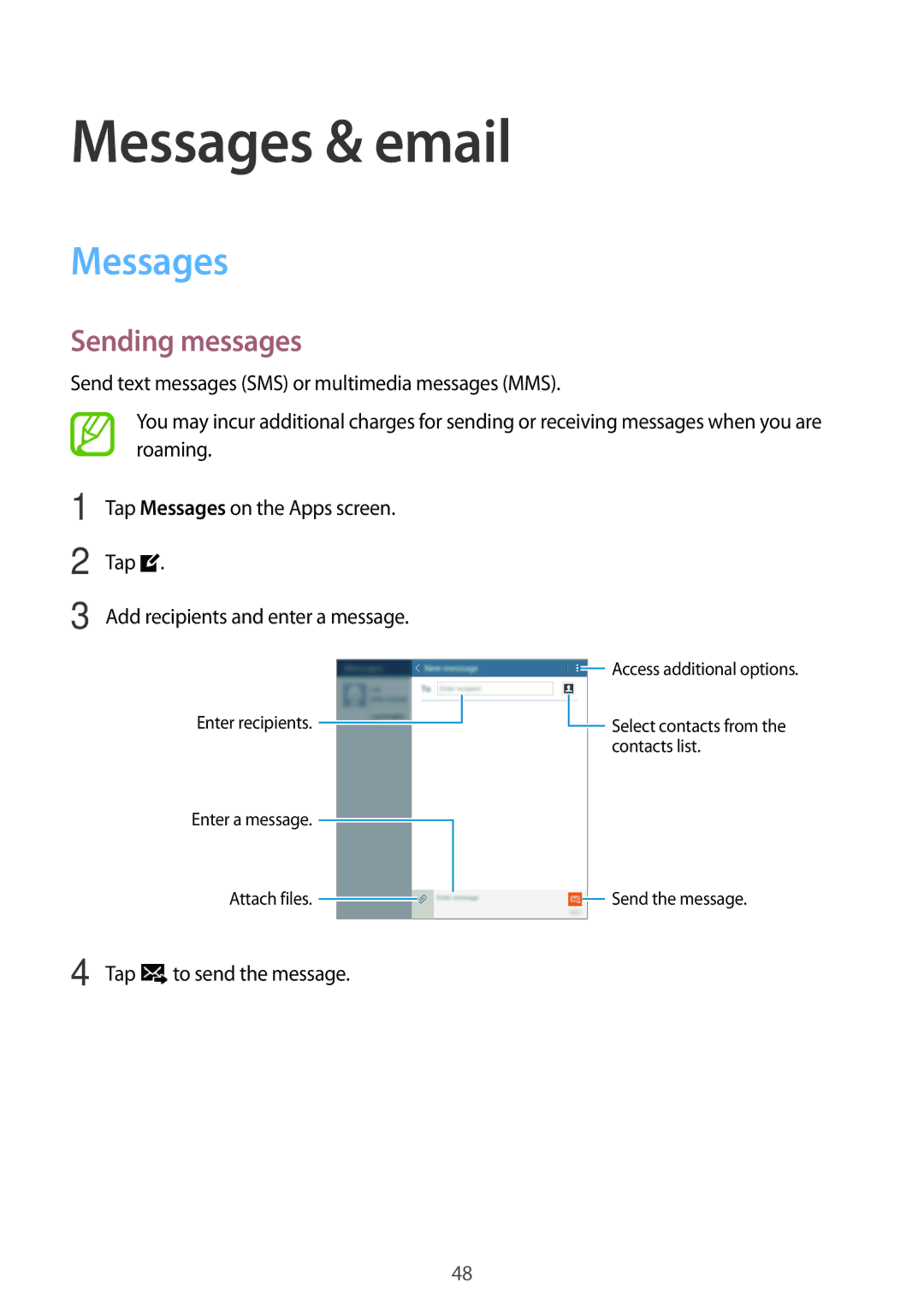 Samsung SM-T561YZWAXXV, SM-T561YZKAXXV manual Messages & email, Sending messages 