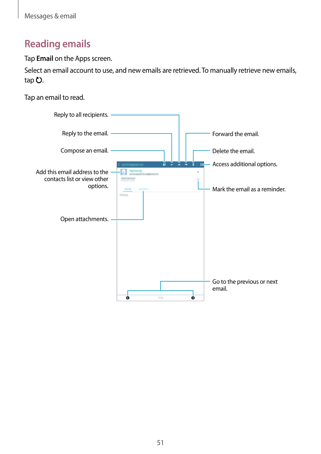 Samsung SM-T561YZKAXXV, SM-T561YZWAXXV manual Reading emails 