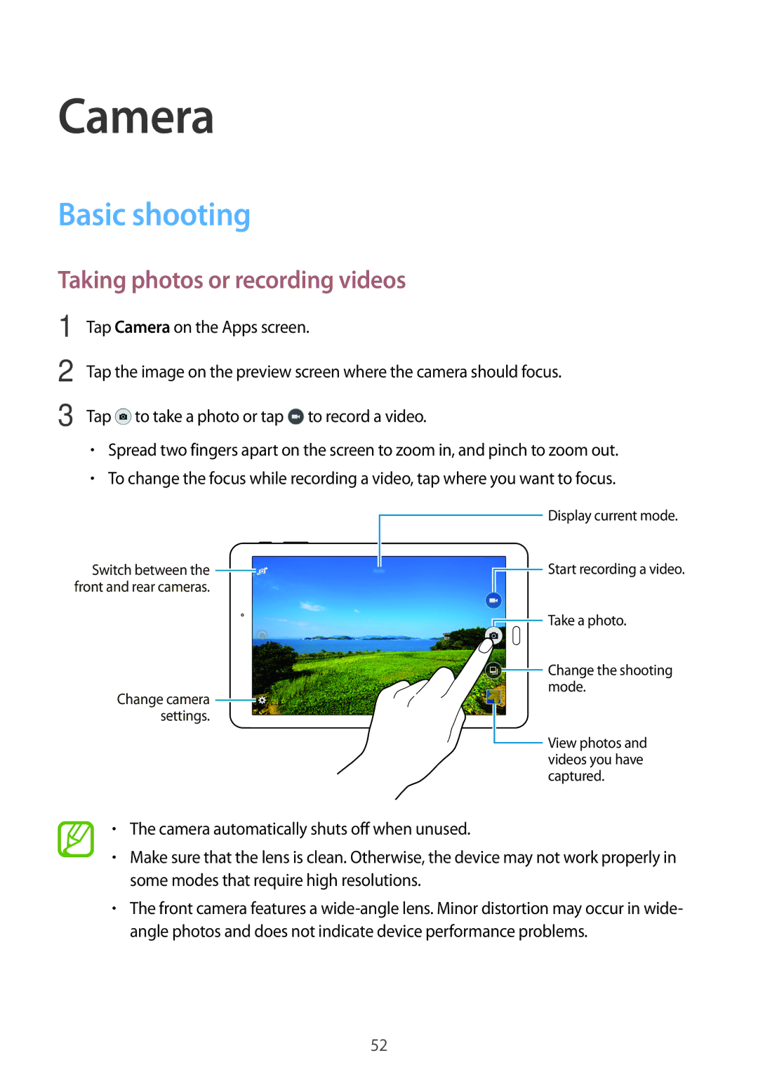 Samsung SM-T561YZWAXXV, SM-T561YZKAXXV manual Camera, Basic shooting, Taking photos or recording videos 