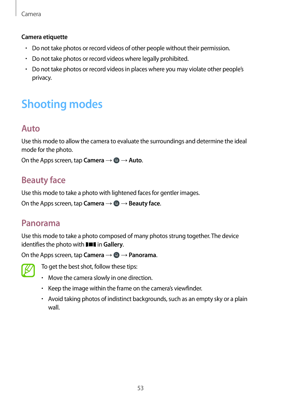 Samsung SM-T561YZKAXXV, SM-T561YZWAXXV manual Shooting modes, Auto, Beauty face, Panorama, Camera etiquette 