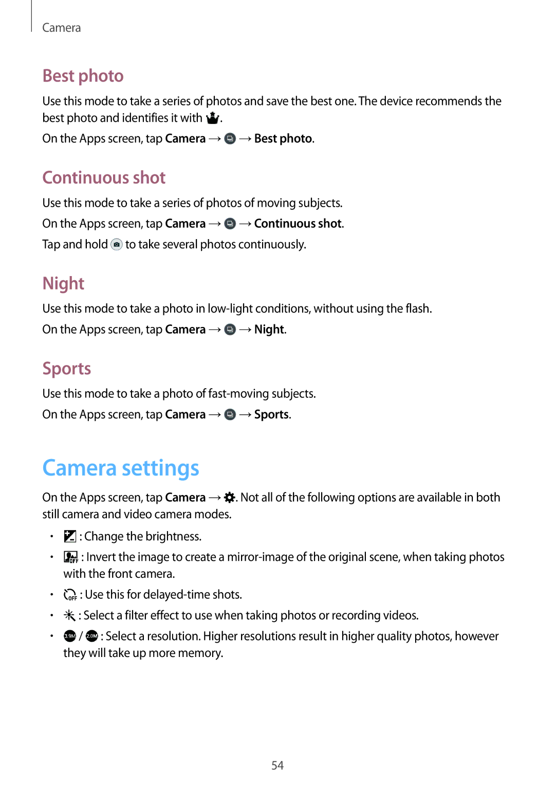 Samsung SM-T561YZWAXXV, SM-T561YZKAXXV manual Camera settings, Best photo, Continuous shot, Night, Sports 