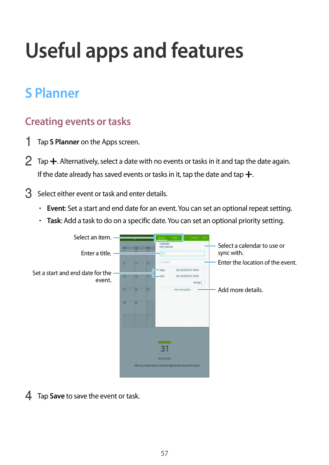 Samsung SM-T561YZKAXXV, SM-T561YZWAXXV manual Useful apps and features, Planner, Creating events or tasks 