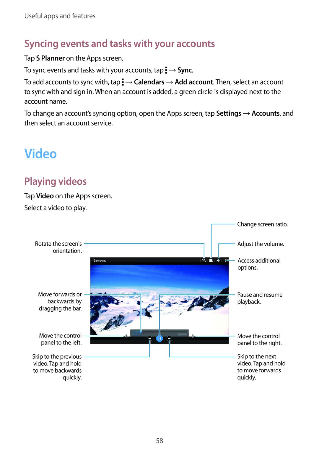 Samsung SM-T561YZWAXXV, SM-T561YZKAXXV manual Video, Syncing events and tasks with your accounts, Playing videos 