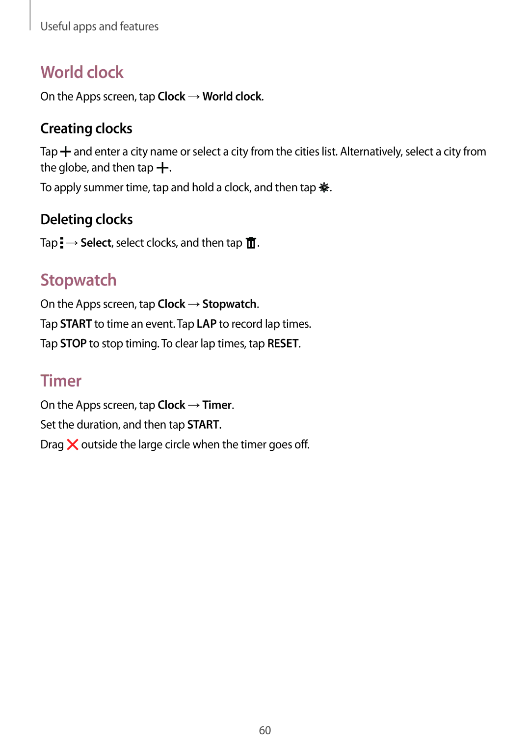 Samsung SM-T561YZWAXXV, SM-T561YZKAXXV manual World clock, Stopwatch, Timer, Creating clocks, Deleting clocks 