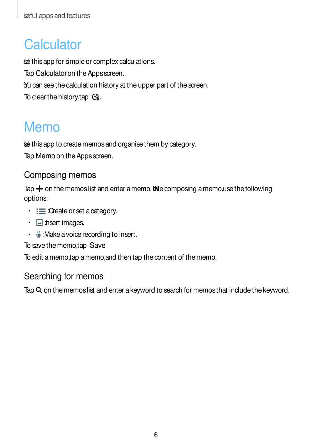Samsung SM-T561YZKAXXV, SM-T561YZWAXXV manual Calculator, Memo, Composing memos, Searching for memos 