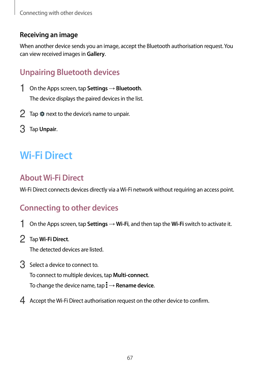 Samsung SM-T561YZKAXXV, SM-T561YZWAXXV Unpairing Bluetooth devices, About Wi-Fi Direct, Connecting to other devices 