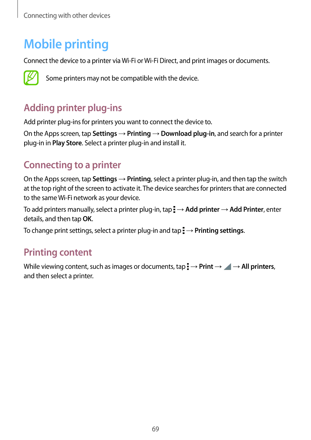 Samsung SM-T561YZKAXXV, SM-T561YZWAXXV Mobile printing, Adding printer plug-ins, Connecting to a printer, Printing content 