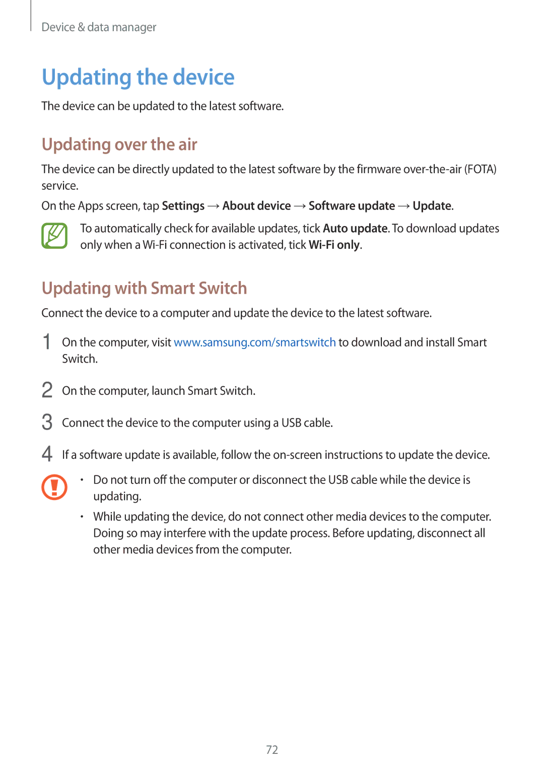 Samsung SM-T561YZWAXXV, SM-T561YZKAXXV manual Updating the device, Updating over the air, Updating with Smart Switch 