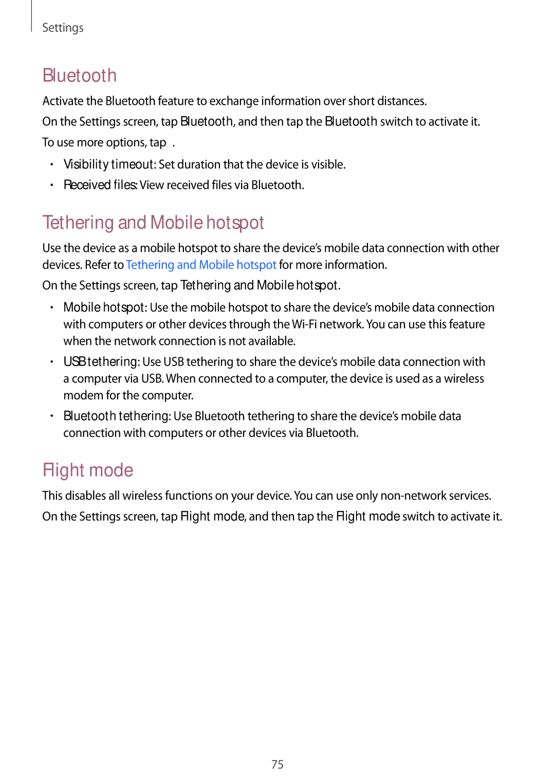 Samsung SM-T561YZKAXXV, SM-T561YZWAXXV manual Bluetooth, Tethering and Mobile hotspot, Flight mode 