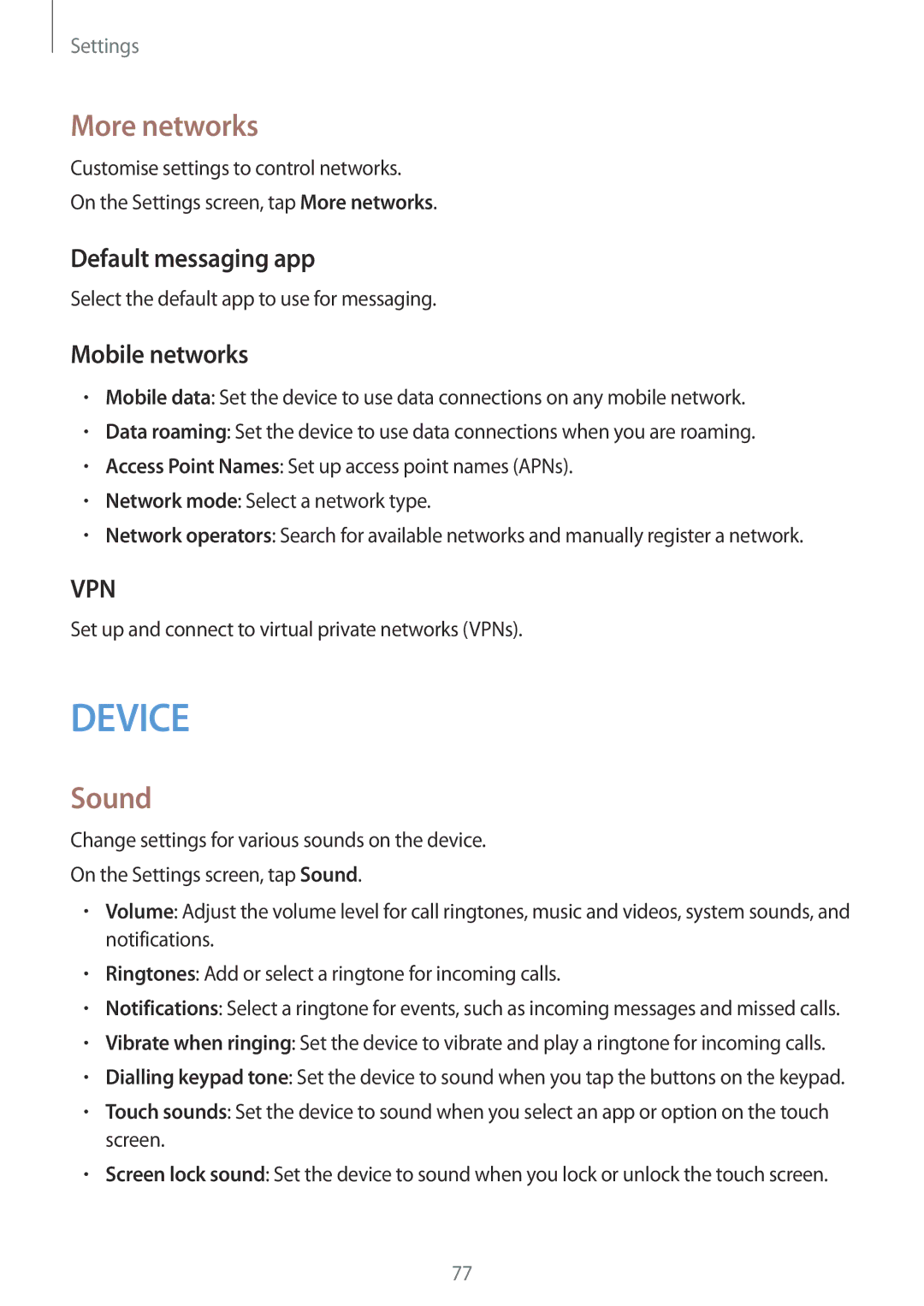 Samsung SM-T561YZKAXXV, SM-T561YZWAXXV manual More networks, Sound, Default messaging app, Mobile networks 