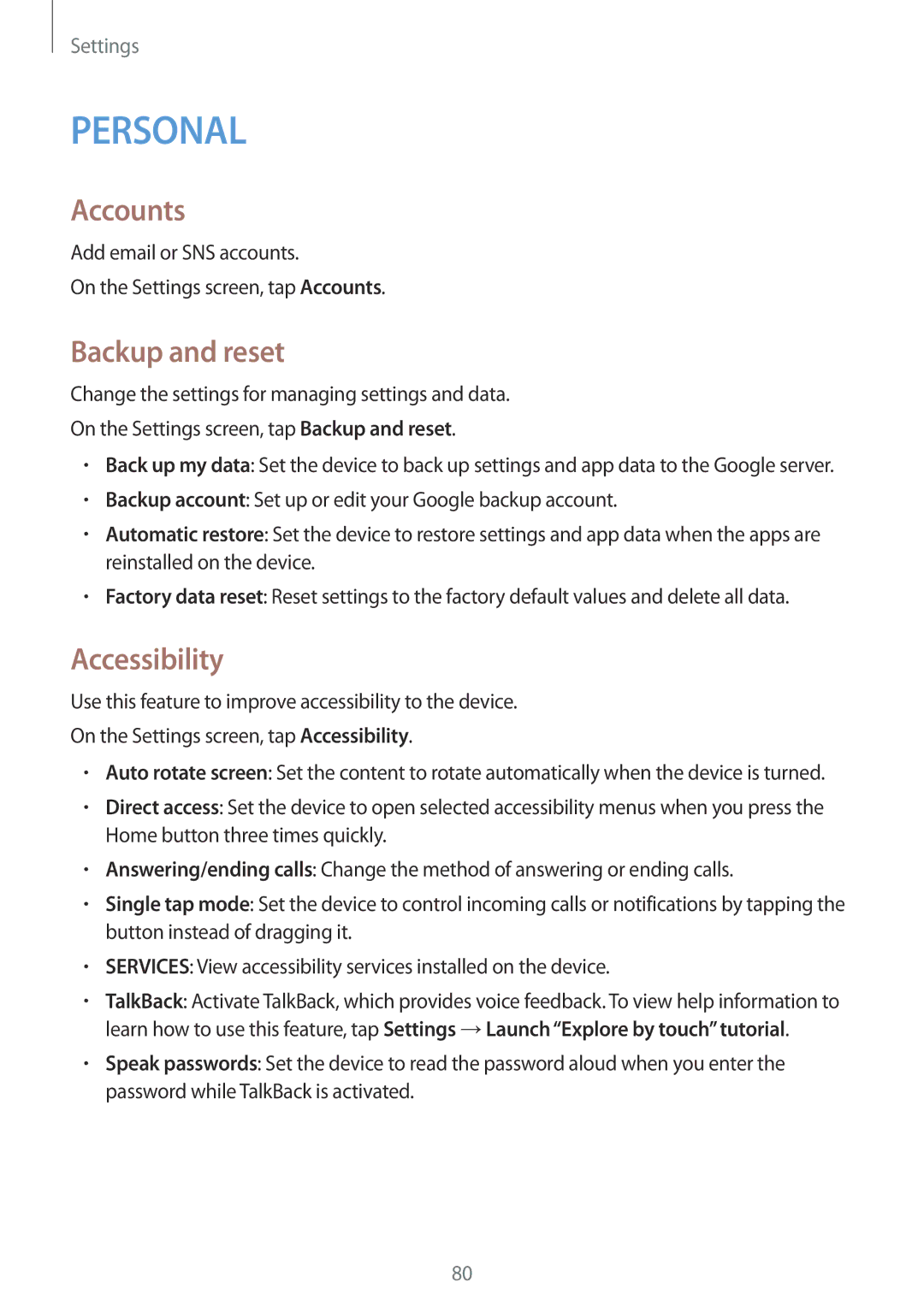 Samsung SM-T561YZWAXXV, SM-T561YZKAXXV manual Accounts, Backup and reset, Accessibility 