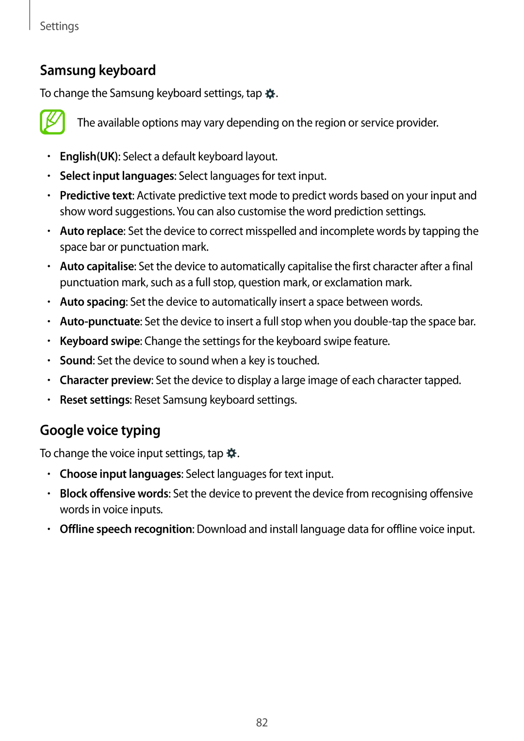 Samsung SM-T561YZWAXXV, SM-T561YZKAXXV manual Samsung keyboard, Google voice typing 