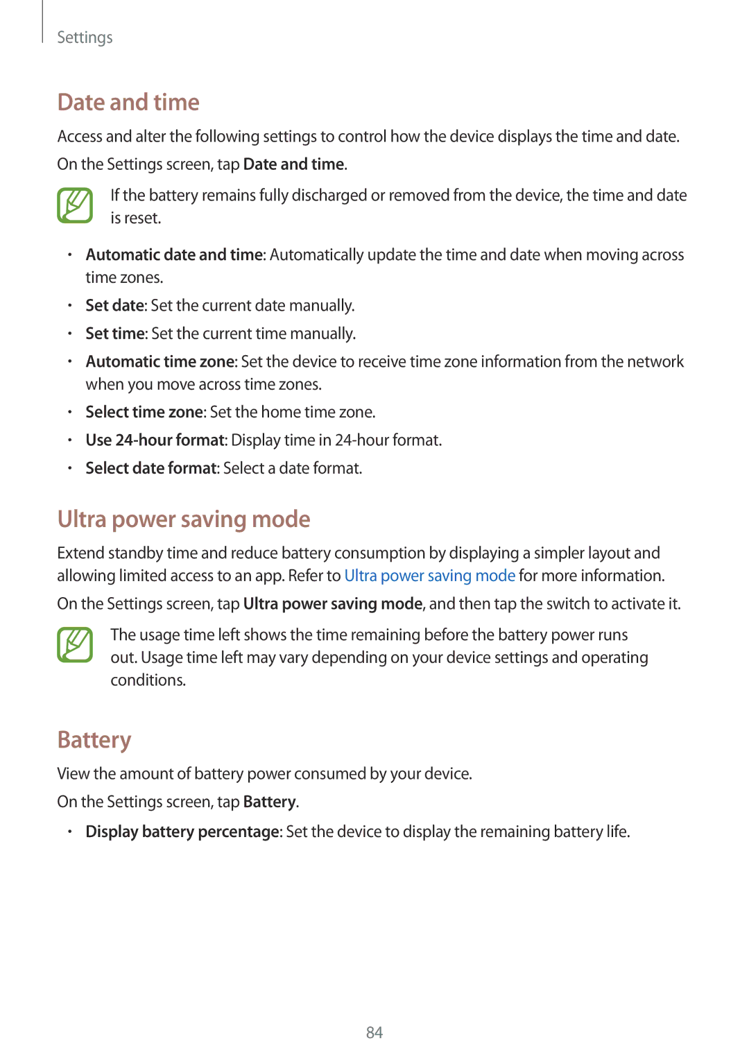 Samsung SM-T561YZWAXXV, SM-T561YZKAXXV manual Date and time, Battery 