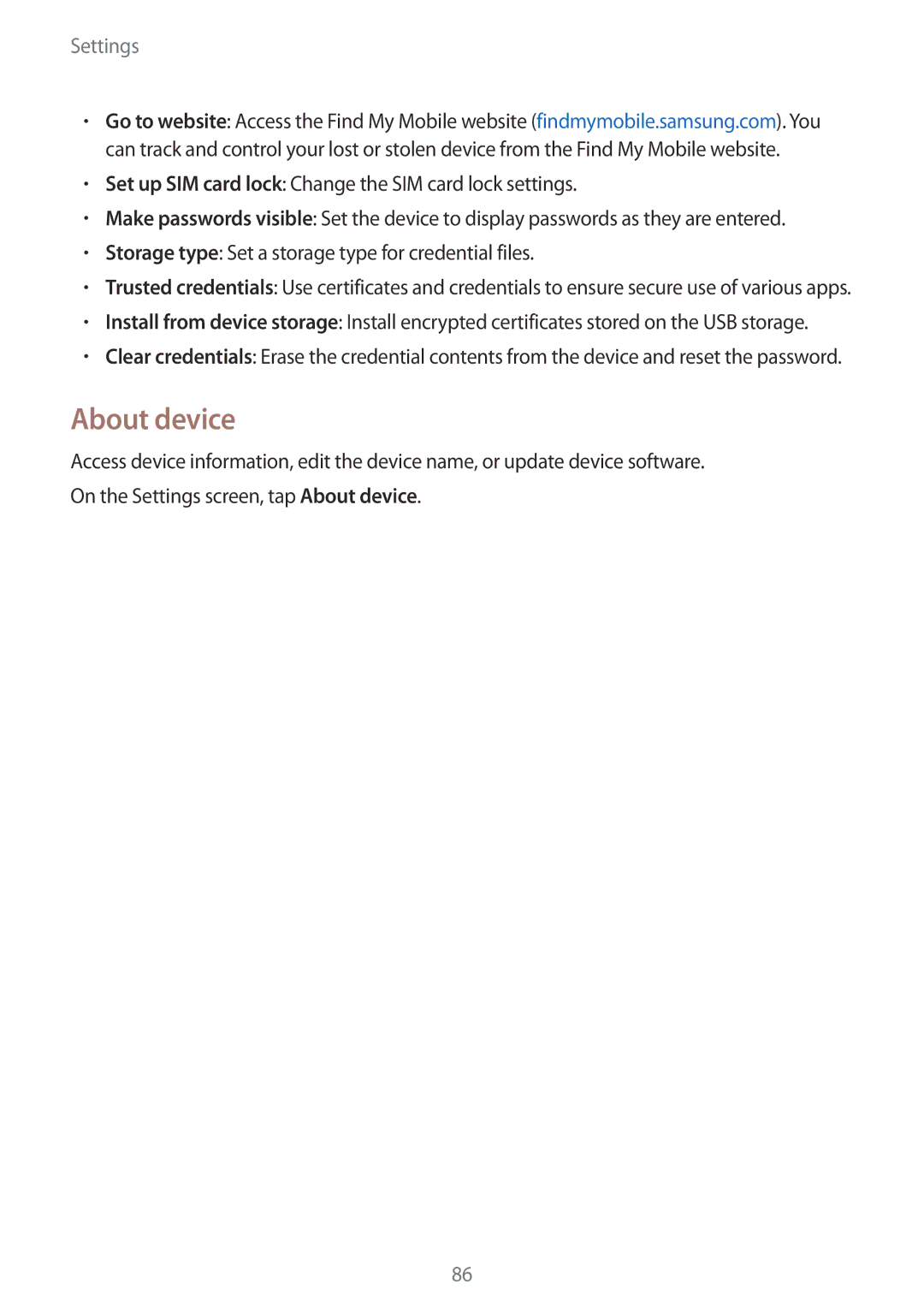 Samsung SM-T561YZWAXXV, SM-T561YZKAXXV manual About device, Storage type Set a storage type for credential files 