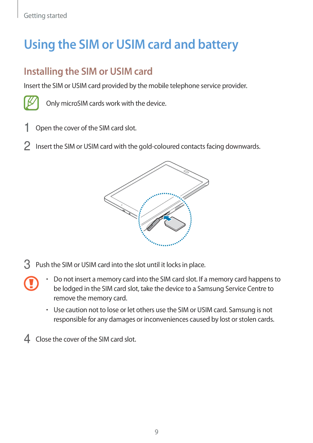 Samsung SM-T561YZKAXXV, SM-T561YZWAXXV manual Using the SIM or Usim card and battery, Installing the SIM or Usim card 