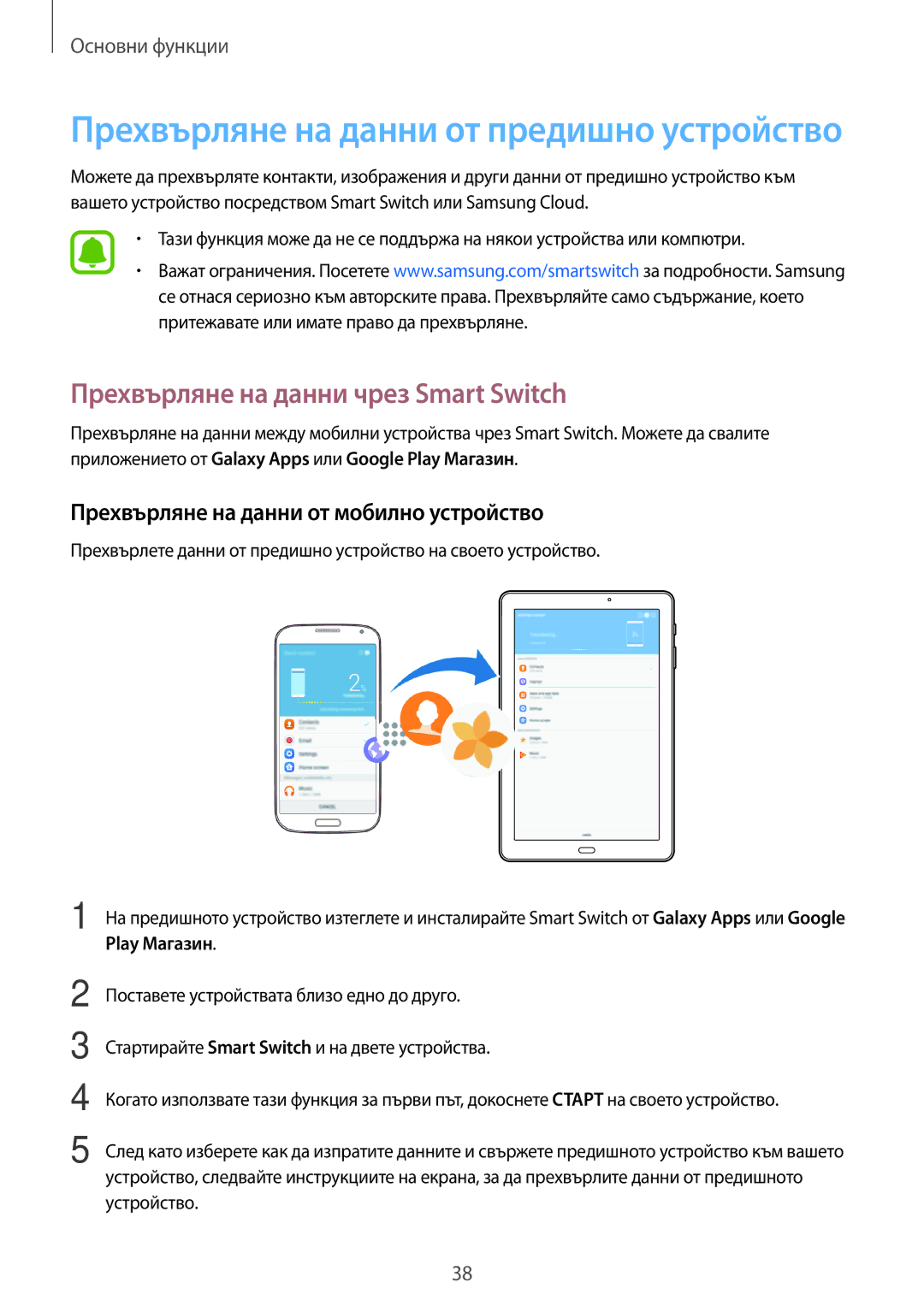 Samsung SM-T580NZKABGL manual Прехвърляне на данни чрез Smart Switch, Прехвърляне на данни от мобилно устройство 