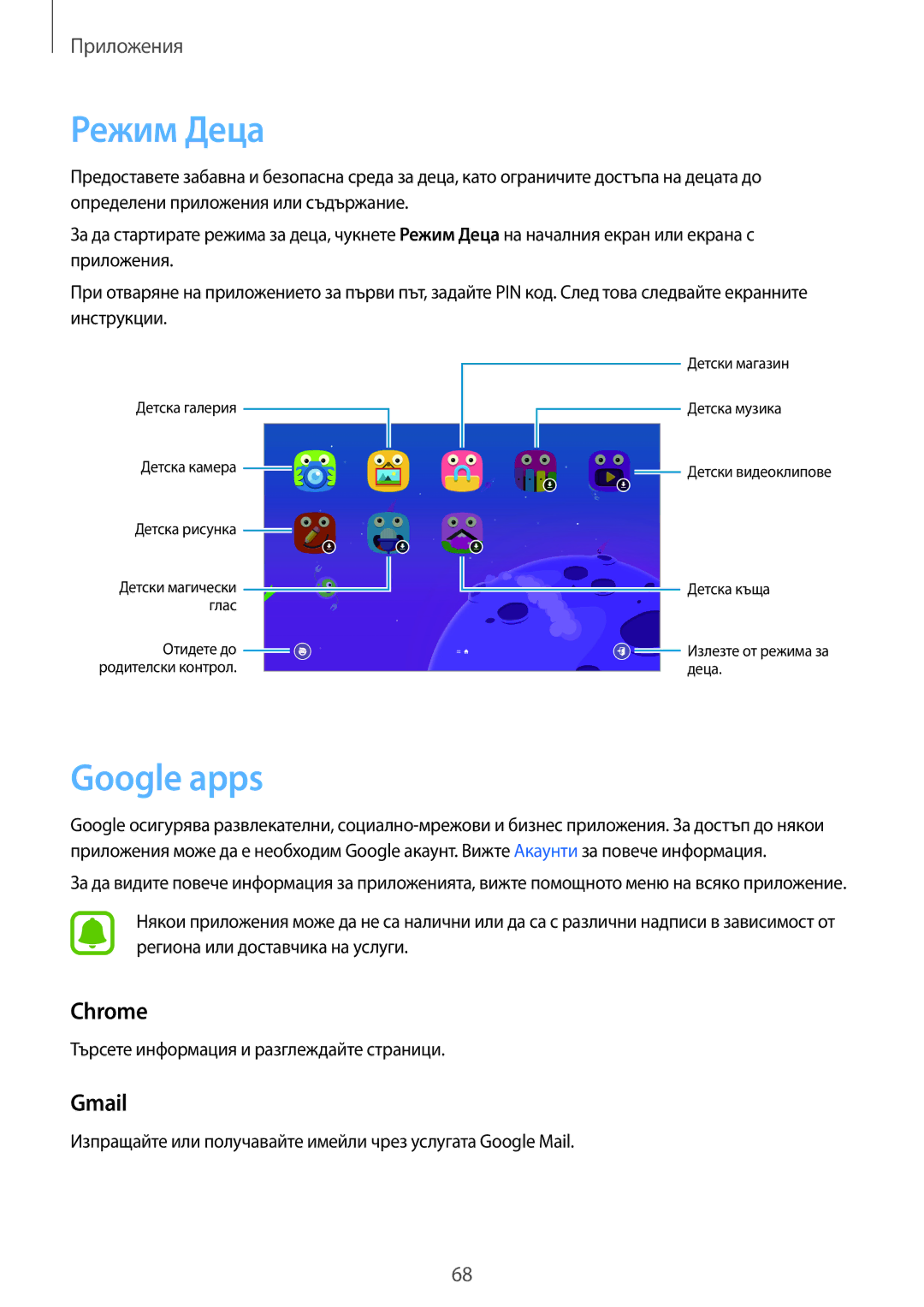 Samsung SM-T580NZKABGL manual Режим Деца, Google apps, Chrome, Gmail 