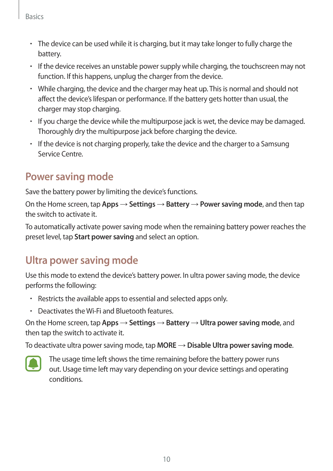 Samsung SM-T580NZAEITV, SM-T580NZKADBT, SM-T580NZWADBT, SM-T580NZKEDBT manual Power saving mode, Ultra power saving mode 