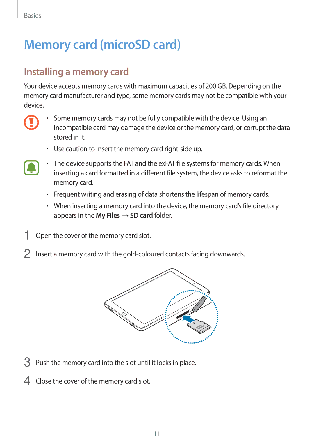 Samsung SM-T580NZWEPHE, SM-T580NZKADBT, SM-T580NZWADBT, SM-T580NZKEDBT Memory card microSD card, Installing a memory card 