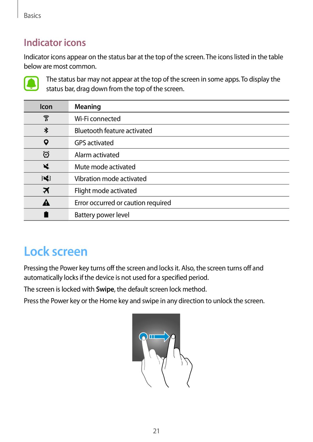 Samsung SM-T580NZWENEE, SM-T580NZKADBT, SM-T580NZWADBT, SM-T580NZKEDBT manual Lock screen, Indicator icons, Icon Meaning 