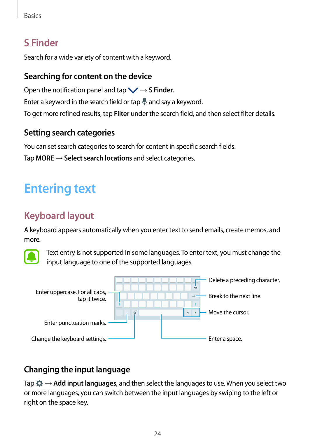 Samsung SM-T580NZKASEB, SM-T580NZKADBT, SM-T580NZWADBT, SM-T580NZKEDBT, SM-T580NZWEDBT Entering text, Finder, Keyboard layout 